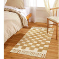 Axyaa Nordic Cotton Linen Tassel Rug - Handmade Checkerboard Tufted Mat for Living Room