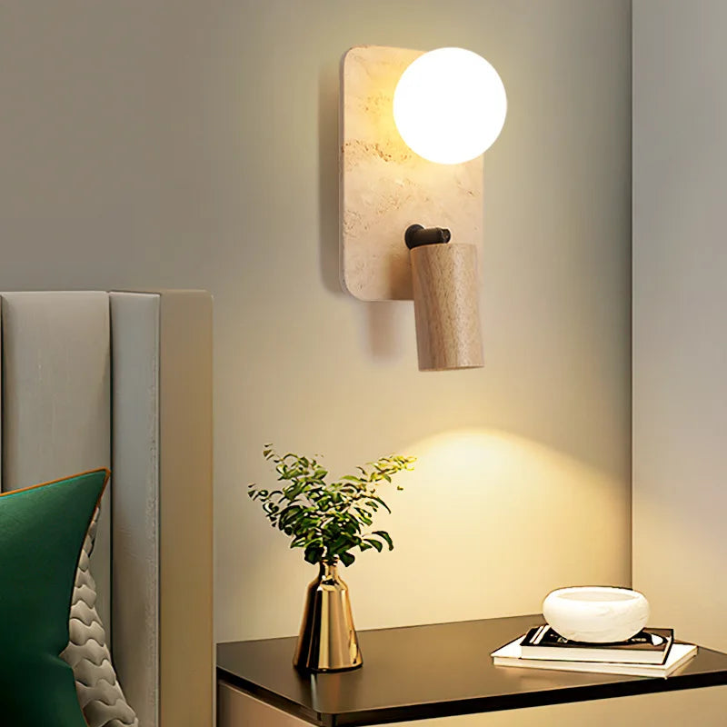 Axyaa Mid Century LED Wall Lamp Yellow Travertine Wood Light for Living Room