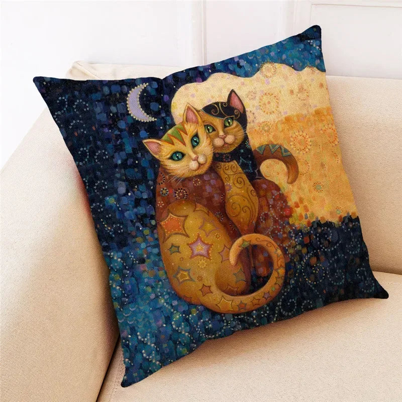 Axyaa Cat Print Linen Pillowcase 45x45cm Home Decor Cushion Cover