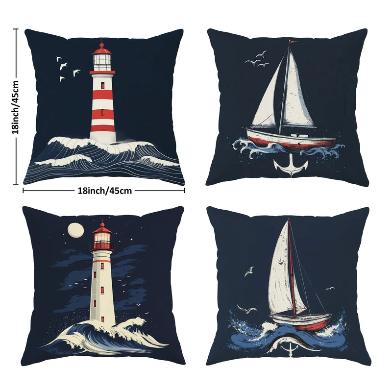 Nautical Coastal Velvet Pillow Covers Set - Lighthouse, Sailboat & Ocean Wave Designs