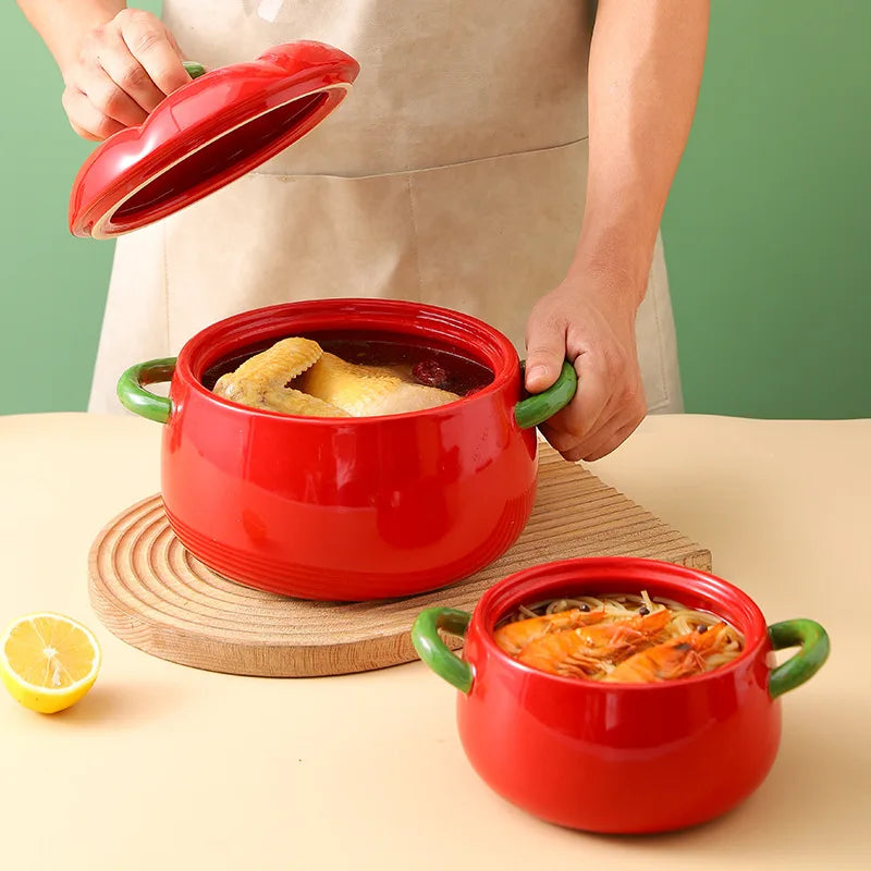 Axya Tomato Soup Bowl Set - Porcelain Binaural Disc Plate & Ceramic Pot
