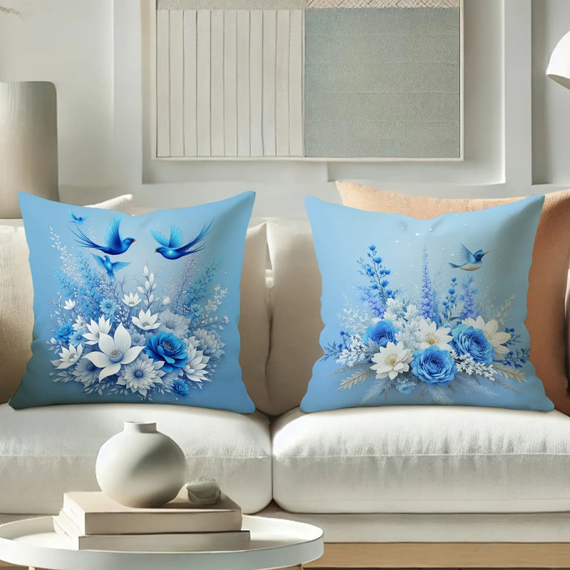 Blue Floral Bird Pillow Covers - Sky Blue Cushion Cases by Axyaa
