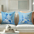 Blue Bird Floral Pillow Covers - Axyaa Sky Blue Cushion Cases with Roses & Hydrangeas