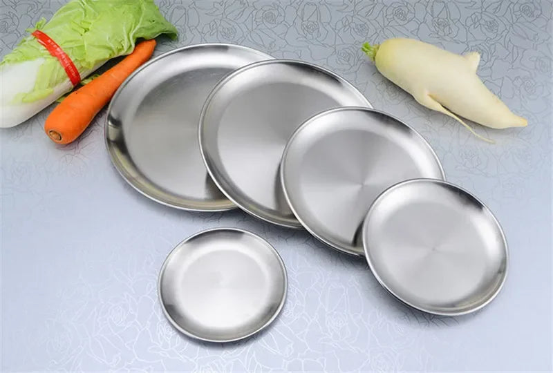 Axya Stainless Steel Round Steak Plate Tray with Hairline Finish Mirror Steak Tray BBQ Tableware