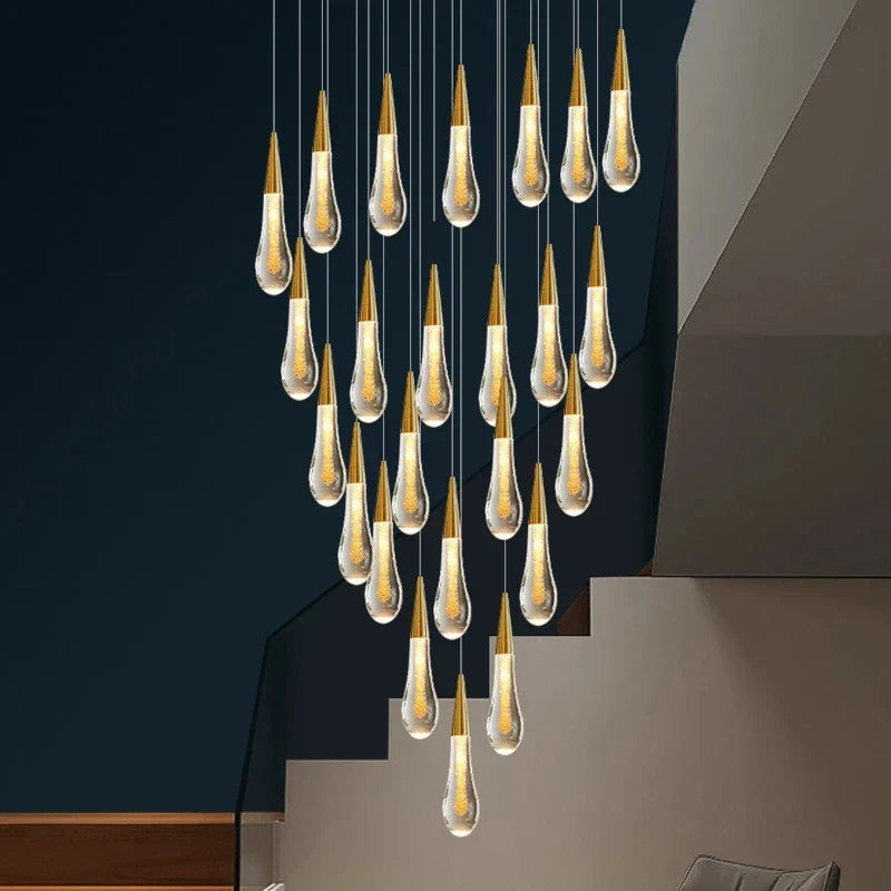 Axyaa Water Drop LED Chandelier for Revolving Stair Lighting in Luxury Villa