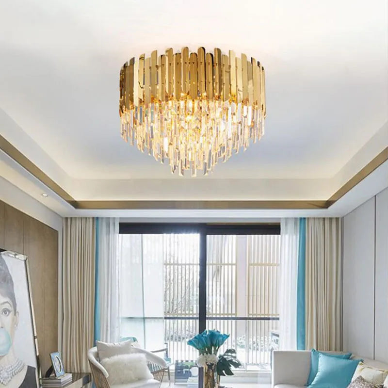 Axyaa Luxury Golden LED Crystal Ceiling Light - Modern Round Living Room Fixture