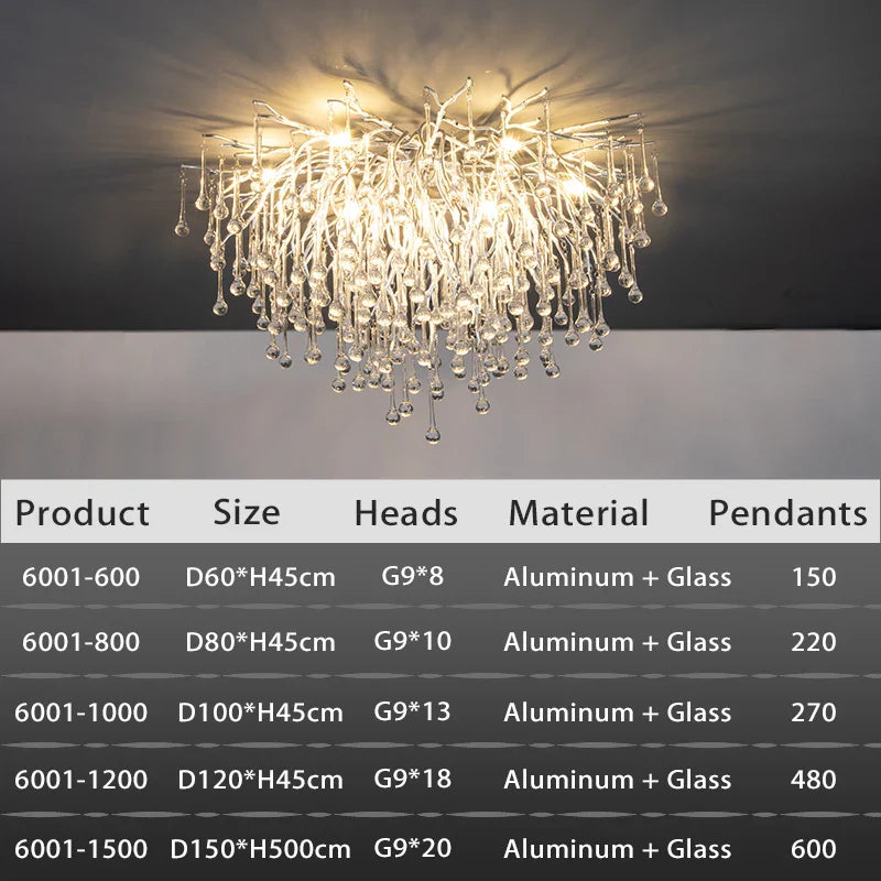 Axyaa Chrome Teardrop Crystal Ceiling Chandelier - Modern Luxury Branch Crystal Chandeliers