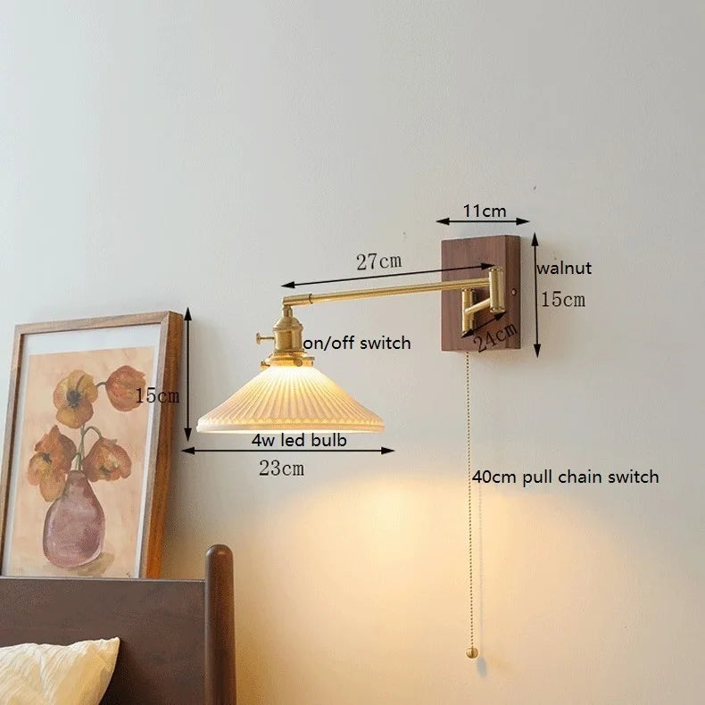 Axyaa Walnut Canopy Copper LED Wall Lamp with Long Arm Rotation
