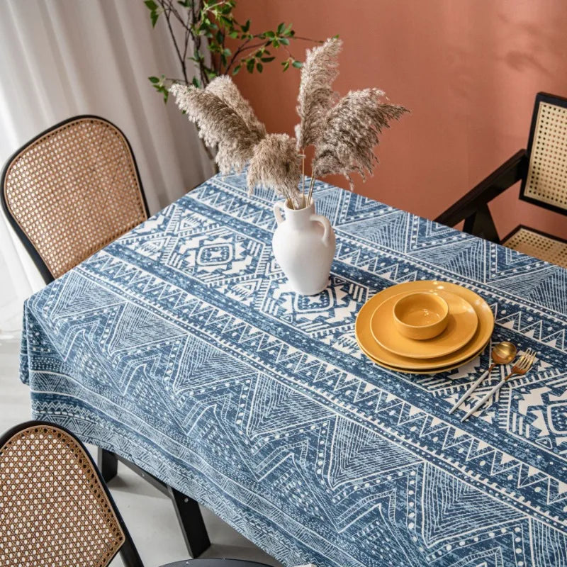 Axya Blue Geometric Triangle Printed Dining Table Cloth Cotton Linen Table Cover