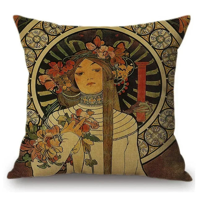 Axyaa Art Nouveau Mucha Gallery Cushion Cover - Beautiful Girl Pattern Linen Pillowcase