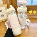 Axyaa Kawaii Cats Glass Bottle with Straw Holder and Strap
