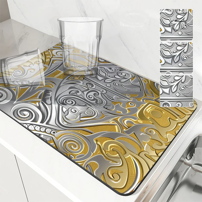 Axyaa Metallic Pattern Coffee Mat: Quick Kitchen Drying Mat for Draining Dishes & Utensils