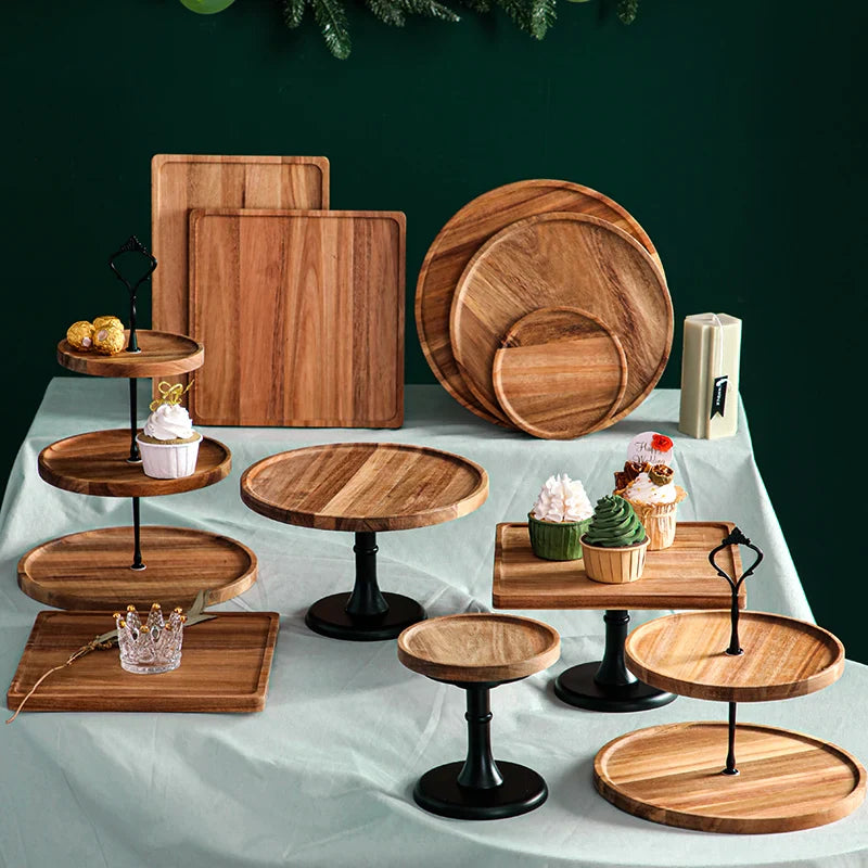 Axya Wooden Cake Pan High Foot Dessert Plate Display Stand Tray Sum Bread Fruit Cake Glass Cover