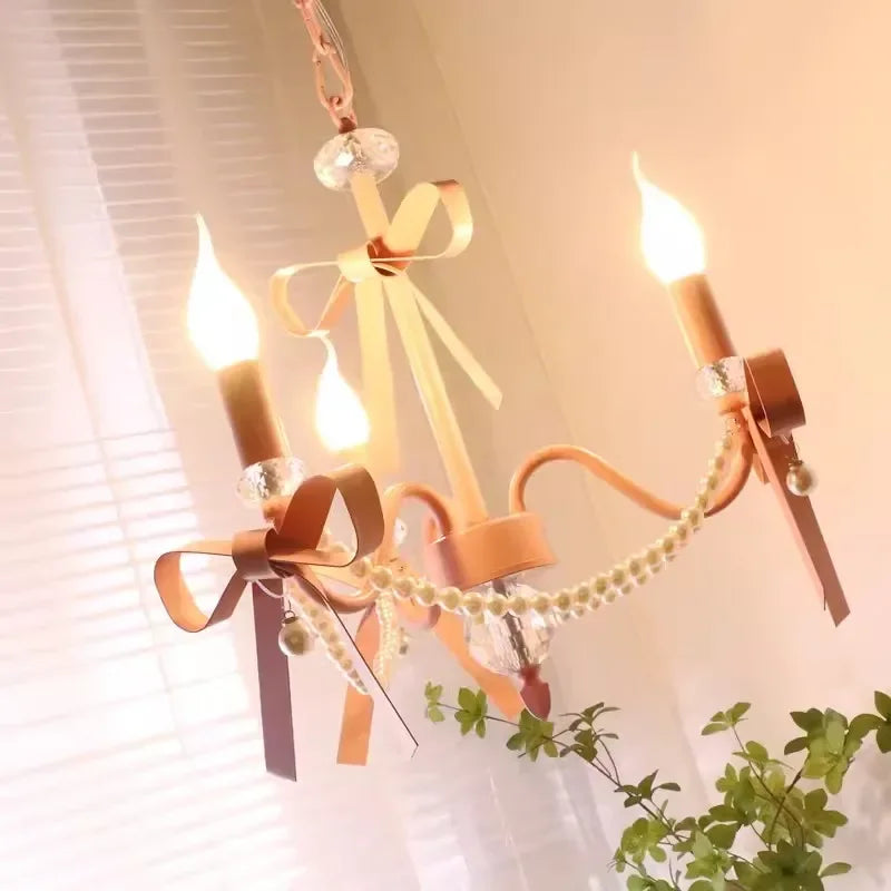 Axyaa Pink Chandelier Bow Pendant Lights for Romantic Home Decor