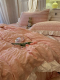 Axyaa Pink Grey Ruffled Seersucker Duvet Set with Bed Skirt & Pillowcases