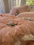 Axyaa Pink Grey Ruffled Seersucker Duvet Set with Bed Skirt & Pillowcases