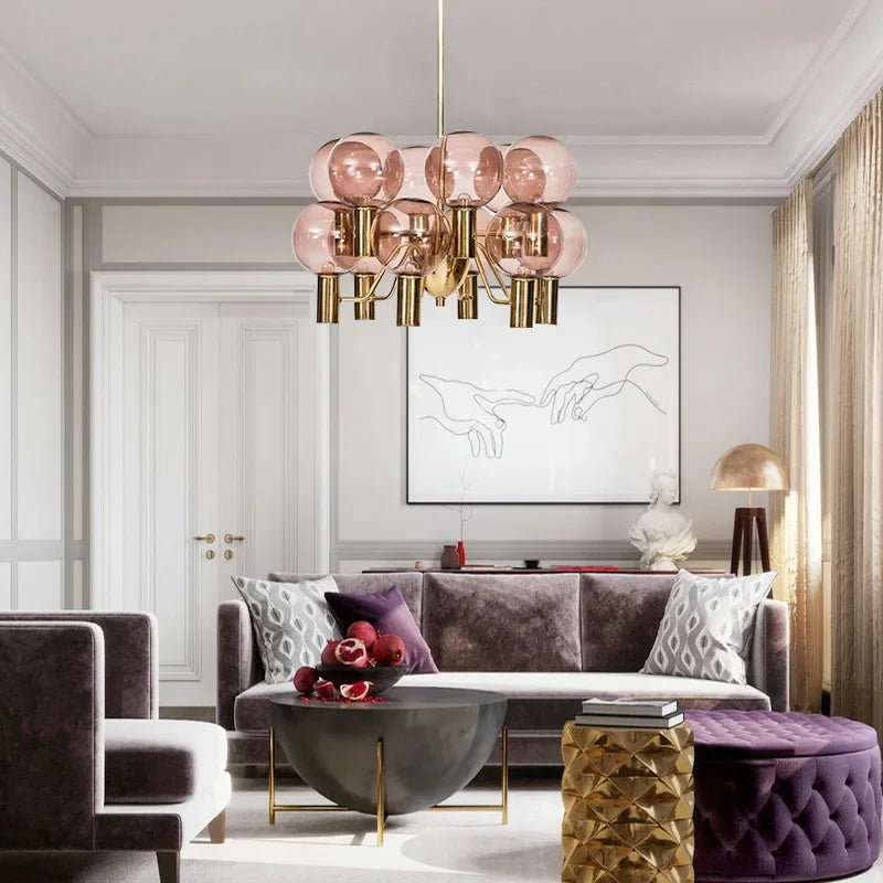 Axyaa Pink Glass Pendant Light: Modern LED Lamp for Luxurious Living Room Setting