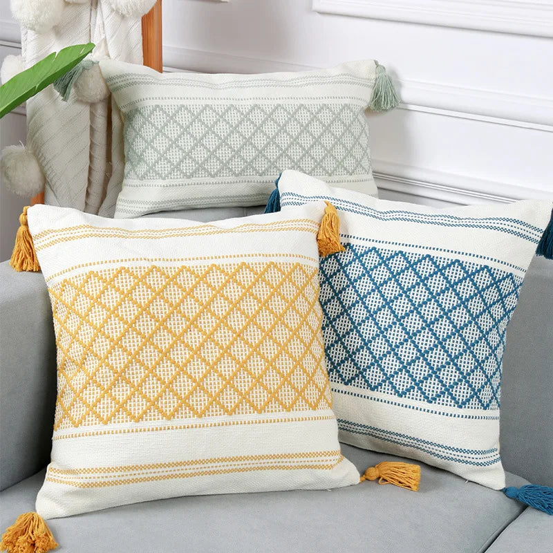 Axyaa Boho Diamond Jacquard Cushion Cover with Tassels for Home Decor