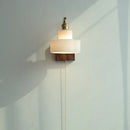 Axyaa White Glass LED Wall Light Hallway Fixture with Walnut Wood & Brass Switch