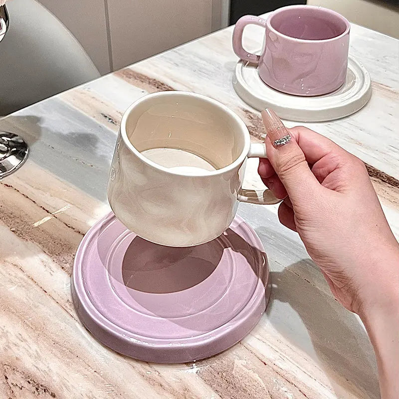 Axya Purple Ceramic Coffee Cup Set - Colored Couple Mugs & Saucers, Porcelain Milk Mug