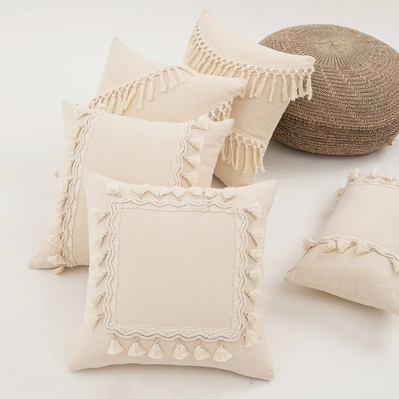Axyaa Beige Cotton Weave Fringed Cushion Cover for Home Decor