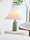 Axyaa White/Green Ceramic Table Lamp with LED Light & Pleated Lampshade