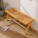 Axyaa Farmhouse Rattan Bench With Footrest - Wood Cane Seat