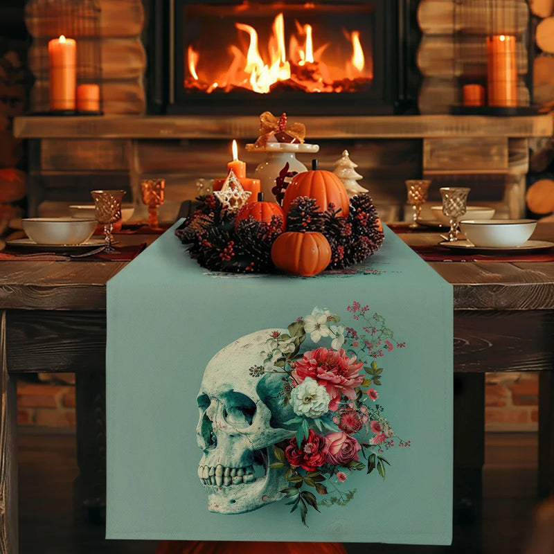 Skull Flower Table Runner: Rustic Axyaa Decor for Dining, Wedding, Party
