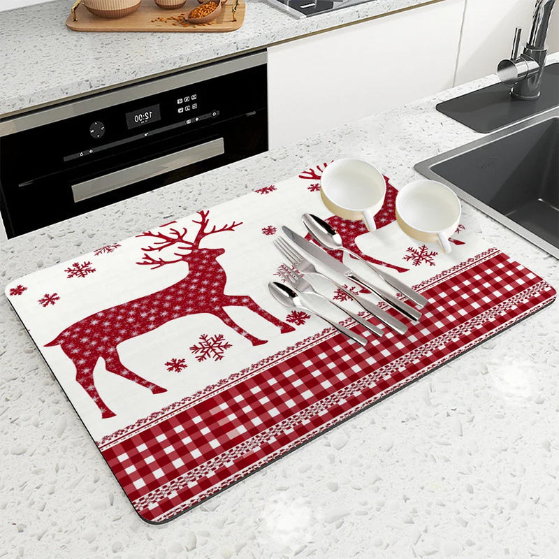 Axyaa Christmas Snowflake Dish Mat: Absorbent, Anti-slip, Quick Dry, Draining Mat