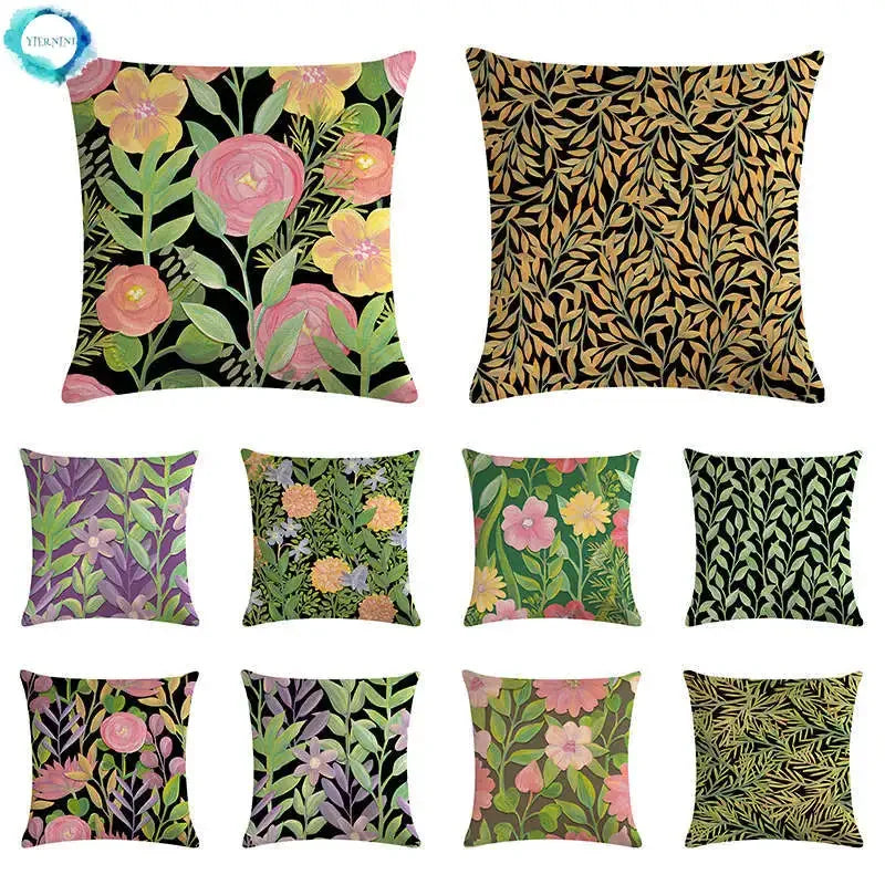 Axyaa Rose Flower Pillow Cover - Green Plant Oil Painting Cushion, Home Decor Case