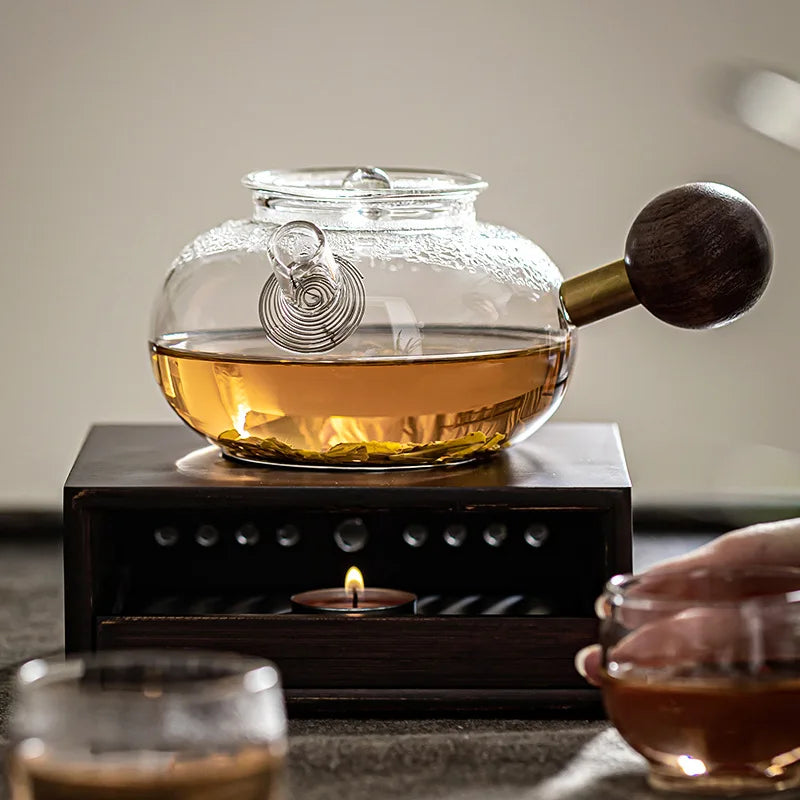 Axya Glass Boiling Teapot with Thickened Filter for Brewing Tea and Walnut Warmer