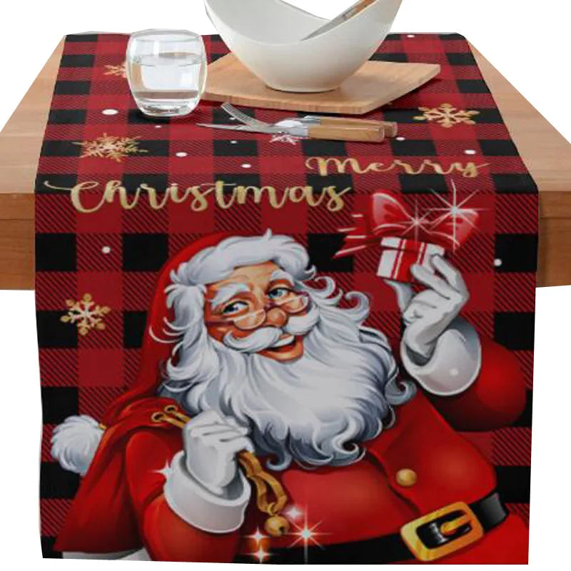 Axyaa Christmas Table Runner with Gnome Elk Tree Snowflake Print