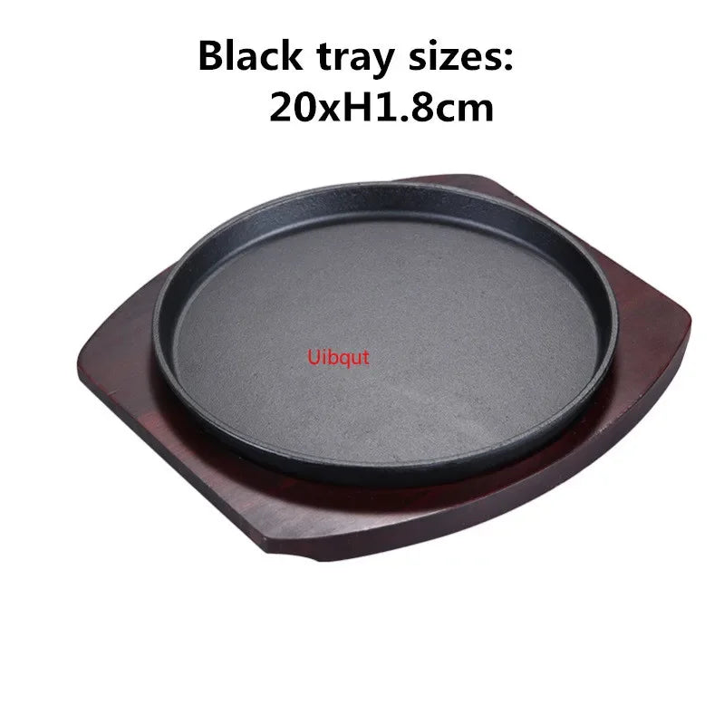 Axya Round Cast Iron BBQ Grill Pan with Wooden Tray for Striped Steak & Barbecue