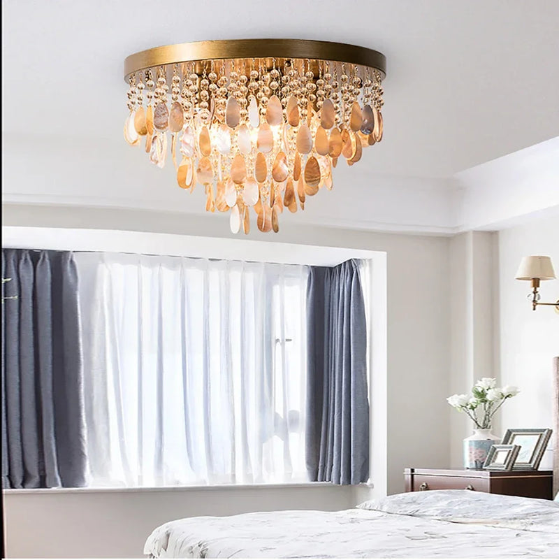 Axyaa Crystal LED Ceiling Lamps: Modern Chandeliers for Home Decor & Shell Accents.