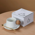 Axyaa Wooden Ceramic Coffee Cup Saucer Set - Modern Tea Dessert Mug