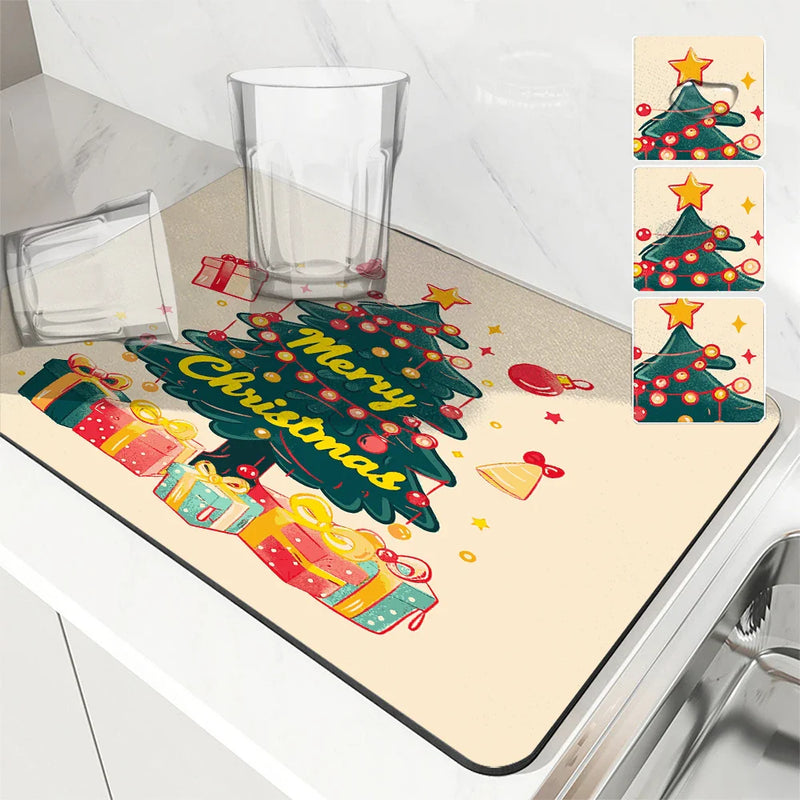 Axyaa Christmas Tree Absorbent Drying Mat - Quick Dry, Antiskid Tableware Mat
