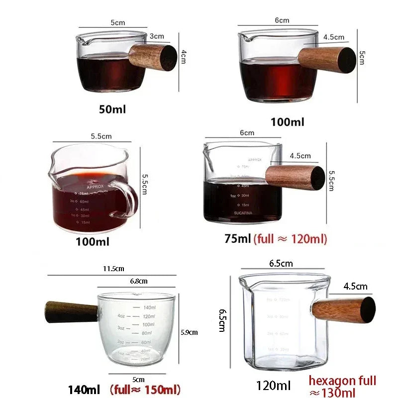Axya Glass Espresso Measuring Cup with Wood Handle - 50/75/100/140ml