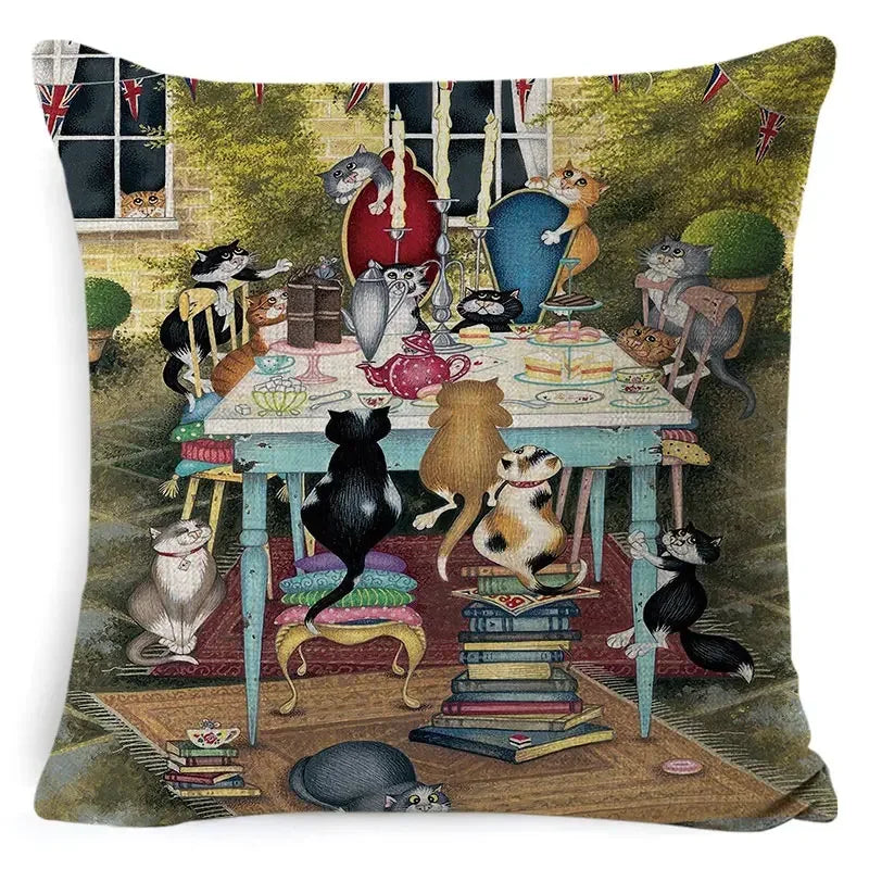 Cute Cat Pattern Linen Cushion Cover by Axyaa for Home Decor