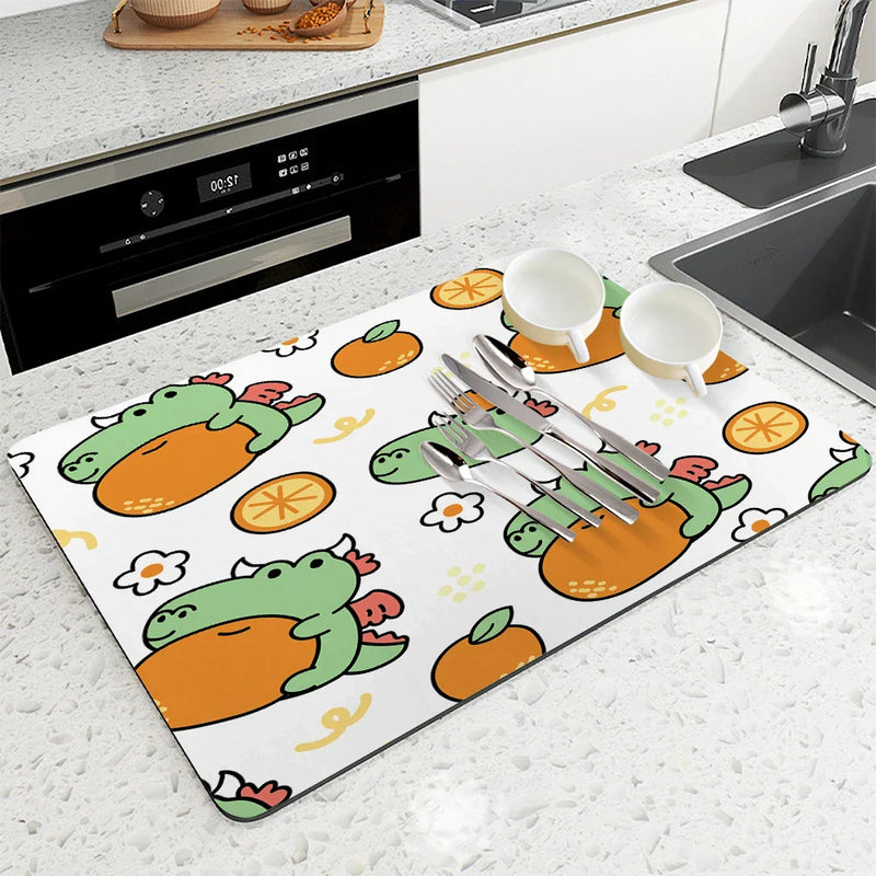 Axyaa Cartoon Dragon Kitchen Drying Mat - Anti-slip & Absorbent Drain Pad