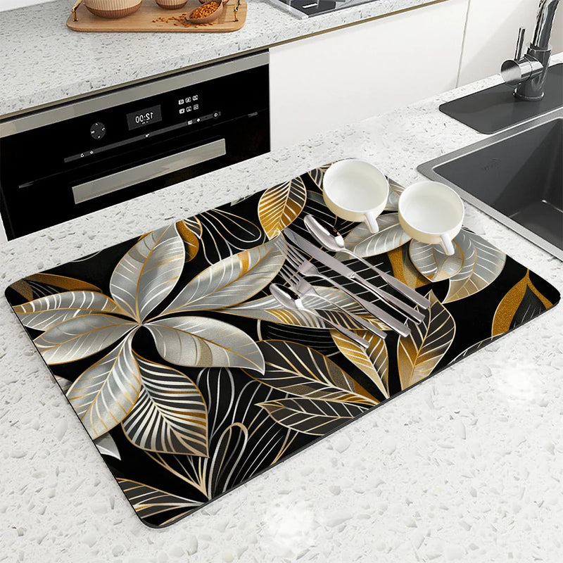 Axyaa Metallic Floral Branches Drying Mat: Non-Slip Absorbent Placemat