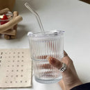 Axyaa 450ml Striped Glass Cup with Lid and Straw - Drinkware for Juice, Coffee, and Tea