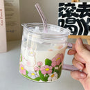 Axyaa Glass Cup with Lid and Straw, 600ml Cute Flower Design Mug