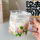 Axyaa Kawaii Animal Glass Cup With Lid and Straw, 600ml