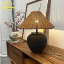 Axyaa Wabi-sabi Ceramic LED Table Lamp with Rattan Weaving Design
