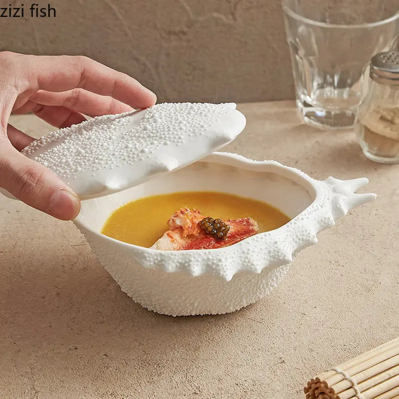 Axya Crab-Shaped Ceramic Soup Bowl with Lid, Restaurant Specialty Tableware