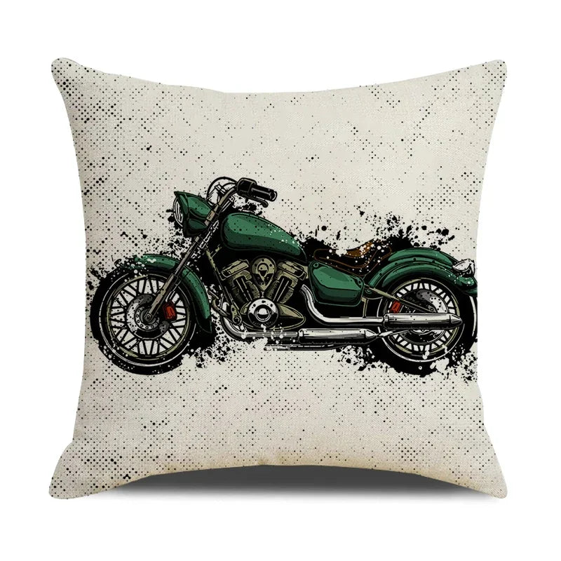 Retro Motorcycle Girls Linen Pillow Cover by Axyaa