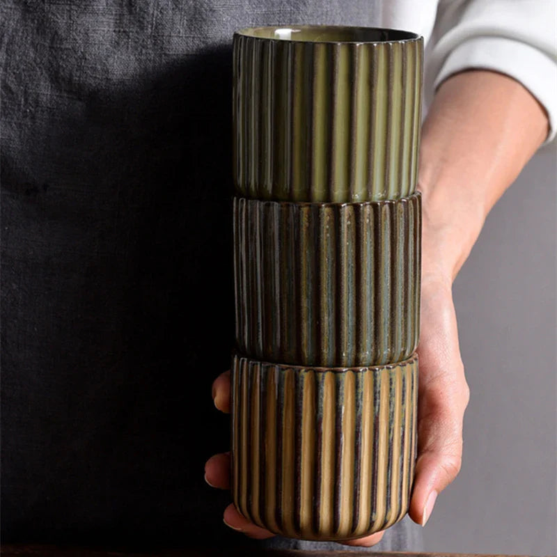 Axyaa Ceramic Tea Cup - Japanese Style Striped Coffee Mug 180ml Mug Drinkware