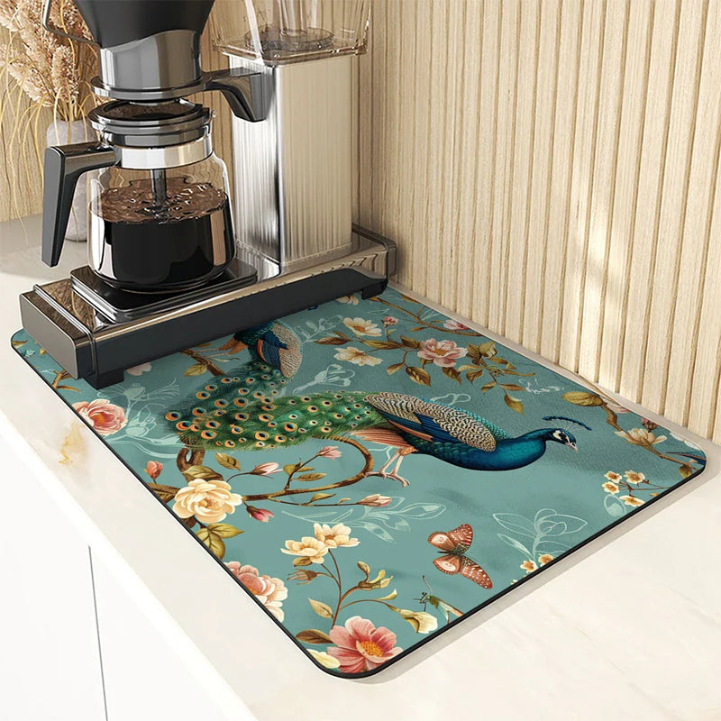 Axyaa Peacock Flower Absorbent Mat: Kitchen & Bathroom Antiskid Drying Pad