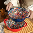Axyaa Ceramic Soup Bowl with Handle Microwave Safe Embossed Design