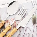 Axyaa 10pcs Bamboo Handle Cutlery Set Stainless Steel Kitchen Tableware